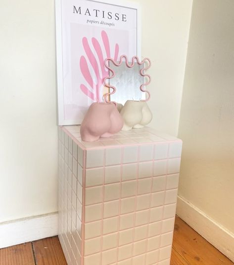 Handmade furniture’s Instagram profile post: “White matte tile with pink grout part gifted for the lovely @sondercandles #tiledtable #tiledcube #sidetablestyling #handmadeuk…” Tile With Pink Grout, Tile Bookcase, Pink Grout, Tiled Furniture, Side Table Styling, Coloured Grout, Tile Furniture, Cube Table, Tile Table