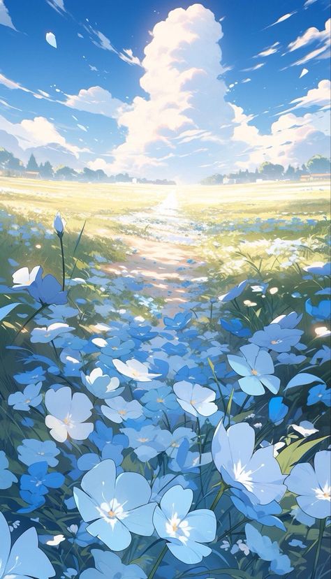 Blue Spring Wallpapers, Anime Scenery Drawing, Flower Field Anime, Blue Flower Phone Wallpaper, Wallpaper Sky Blue Aesthetic, Anime Sky Background, Anime Landscape Wallpaper, Whatsapp Avatar, Blue Flower Field