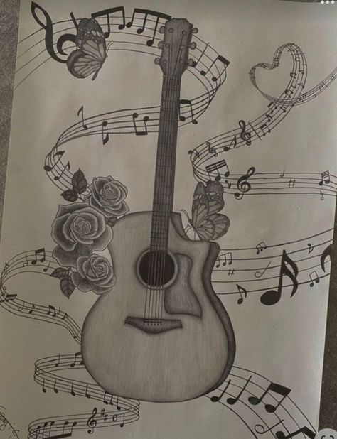 Music Day Drawing, Musical Drawings Ideas, Cool Guitar Drawings, Drawing Related To Music, Guitar Sketch Aesthetic, Powerful Sketches, Sketch Ideas Aesthetic Vintage Easy, How To Draw A Guitar, Guitar Aesthetic Drawing