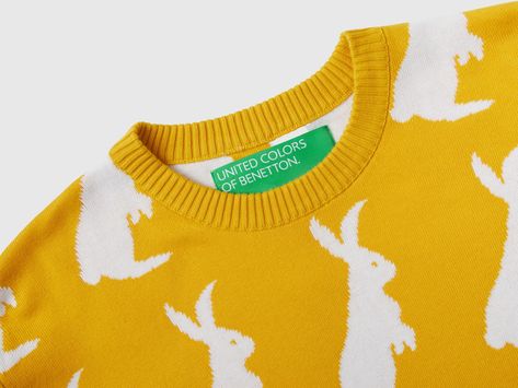 Reversible sweater with bunny pattern - Yellow | Benetton Crew Neck Sweaters, Reversible Sweater, Bunny Pattern, Round Neck Sweater, Round Neck Sweaters, Clothing Care, United Colors Of Benetton, Night Shirt, Mens Crew Neck