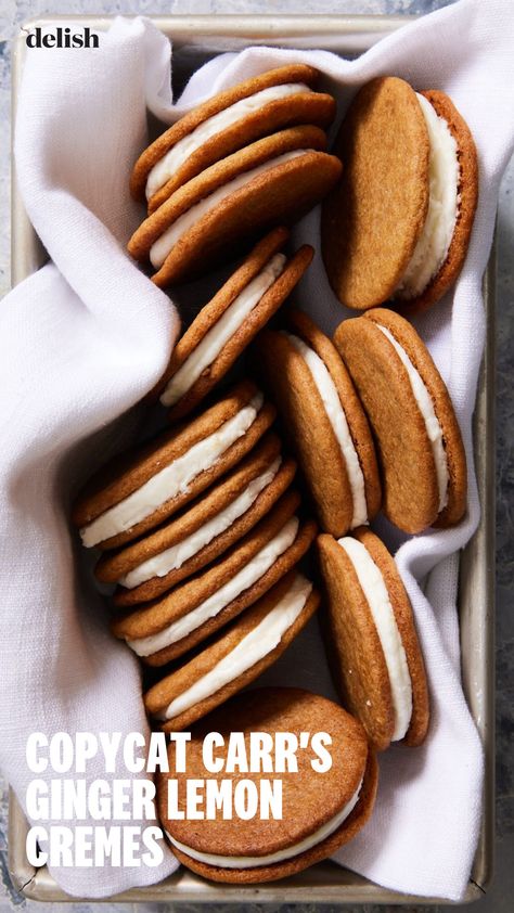 Snappy ginger spice cookies sandwich a tangy lemon creme filling, perfect for dunking in a mug of milky Earl Grey. Ginger Snap Cookie Sandwiches, Iced Ginger Snap Cookies, Lemon Ginger Cookies Recipe, Lemon Ginger Snap Cookies, Crystalized Ginger Cookies, Crystallized Ginger Cookies, Ginger Spice Cookies, Sandwich Cookies Filling, Top Secret Recipes