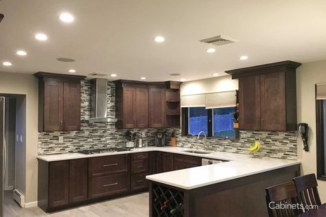 Charcoal Stained Kitchen with White Counters and Glass Multi Backsplash - Cabinets.com Brown Cabinets White Counter, Kitchen With Dark Brown Cabinets, Discount Cabinets, Small House Design Philippines, Dark Brown Cabinets, Brown Kitchen Cabinets, Order Kitchen, White Counters, Brown Cabinets