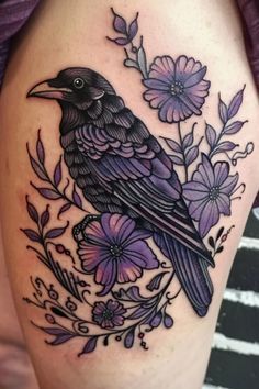 Feminine Raven Tattoo Beautiful, Purple Bird Tattoo, Small Magic Tattoo Ideas, Magic Arm Tattoo, Power Of 3 Tattoo, Raven Thigh Tattoo Women, Black And Gray Neo Traditional Tattoo, Cute Raven Tattoo, Raven Thigh Tattoo