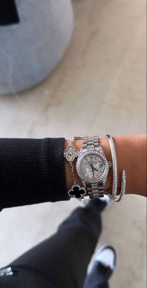 Watch Jewelry Stack, Silver Watch Stack, Watch Stack, Girly Bracelets, Preppy Bracelets, Wrist Jewelry, Luxe Jewelry, Luxury Bracelet, Classy Jewelry