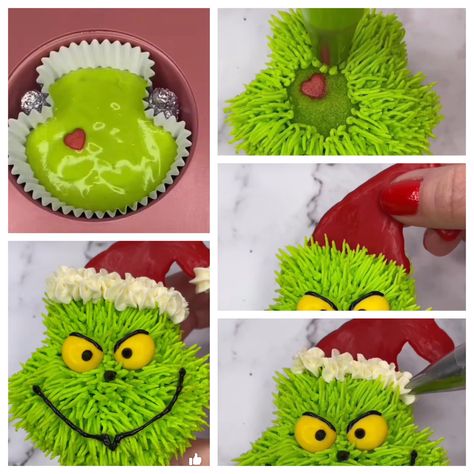 Grinch Christmas Cupcakes, Grinch Birthday Party Cake, Grinch Cupcakes Ideas, Grinch Cake Pops, Grinch Desserts, Grinch Cupcakes, Creative Christmas Food, Xmas Cupcakes, Crochet Grinch