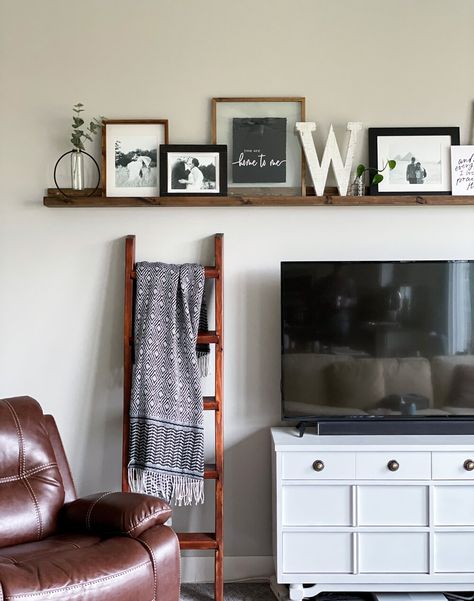 Large Shelf Above Tv, Angled Living Room, Picture Shelf Wall, Above Tv Decor, Shelf Above Tv, Ledge Decor, Photo Ledge, Picture Shelf, Simple Living Room Decor