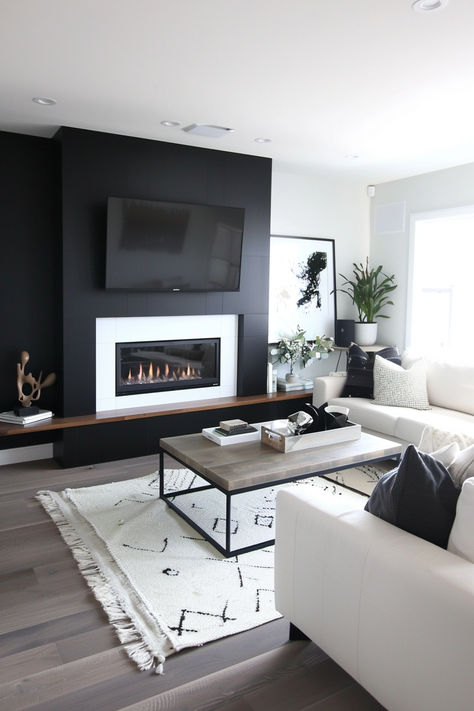 An elegant living space featuring black accent walls and a stunning fireplace, creating a warm and stylish environment White And Black Basement, White Walls With Black Accent Wall, Black Accent Wall With Fireplace, Black Accent Wall Living Room Fireplaces, Black Wall White Fireplace, Feature Fireplace Wall, Black Accent Wall Living Room, Black Accent Wall, Black Accent Walls