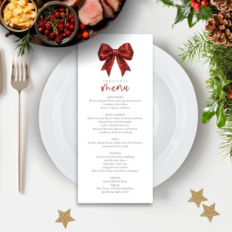 Christmas Party Menu, Template, Printable INSTANT DOWNLOAD, Sparkly Red Glitter Bow, Xmas Holiday Dinner Table Menu 4x9" Corjl Editable CH21 by FotografixgalEvents on Etsy Christmas Dinner Menu Template, Dinner Menu Template Free Printable, Party Menu Template, Christmas Menu Template, Christmas Party Menu, Christmas Party Table Decorations, Holiday Dinner Table, Xmas Dinner, Christmas Menu