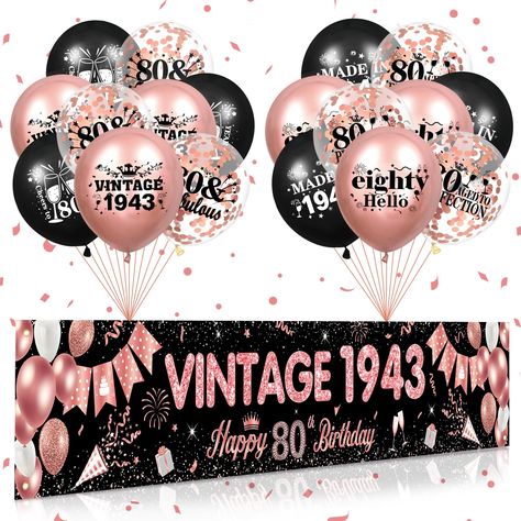 PRICES MAY VARY. 【80th Birthday Party Decorations】: The rose gold 80th birthday party decorations set includes a happy 80th birthday banner and 18pcs rose gold black 80th birthday balloons for women, which is essential for a 80th birthday party supplies and will leave a deep impression on everyone 【Suitable Size】: The rose gold 80th birthday banner measures 98.4 x 17.7 inch and the vintage 1943 balloons measures 12inch, which can be used on yard, fence or garage door, it can also be used as a be Rose Gold 80th Birthday Party, Birthday Party Decorations For Women, 90th Birthday Banner, 80th Birthday Banner, 90th Birthday Party Decorations, 60th Birthday Balloons, 50th Birthday Themes, 60th Birthday Banner, Balloons Rose Gold