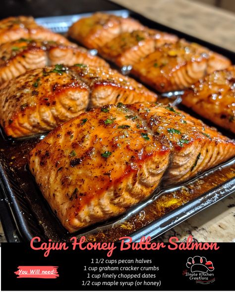 Indulge in the rich and flavorful Cajun Honey Butter Salmon - perfect for a delicious and healthy dinner option! This recipe combines the spicy kick of Cajun seasoning with the sweetness of honey and butter for a truly unforgettable taste. Try it tonight and impress your taste buds! #salmon #cajun #dinner #recipe #foodie Delicious Salmon Recipes Oven Baked, Salmon Wedding Dinner, Salmon Oven Recipes, Salmon On Grill, Coho Salmon Recipes, Baked Salmon Dinner, Cajun Salmon Pasta, Cajun Honey Butter Salmon, Honey Butter Salmon