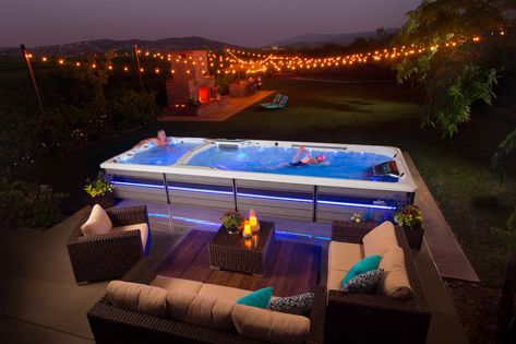 Dual Temp Swim Spa | Swim Spa Hot Tub | Hot Tub Swim Spa | Swim Spa Hot Tub Combo Swim Spa Deck, Swim Spa Landscaping, Spa Deck, Pool Cocktails, Endless Pools, Spa Outdoor, Backyard Spa, Hot Tub Swim Spa, Outdoor Hot Tub