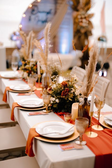 Burnt Orange And Ivory Wedding Table, Burnt Orange Table Runner Wedding, Burnt Orange Weddings Round Table, Terracotta Wedding Place Setting, Rust Wedding Table Settings, Fall Fairy Wedding, Burnt Orange Table Decor, Terracotta Table Setting, Burnt Orange Table Setting