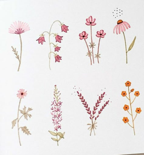 Painted Flower Ideas Simple, Small Flowers Watercolor, How To Draw Tiny Flowers, Small Easy Flowers To Draw, Flower Cute Illustration, Simple Watercolour Flower, Easy Small Flower Painting, Mini Watercolor Flowers, How To Draw Wild Flowers