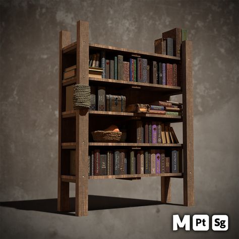 Medieval Bookshelf, Small Medieval House, Shelf Backdrop, Medieval House, Medieval Houses, 3d Interior, Interior Projects, Bookshelves, Game Art