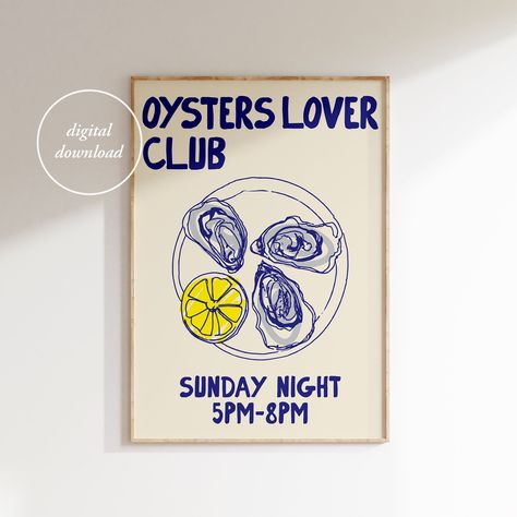 Oysters Lover Club Print - Oysters Poster - Hand Drawn Kitchen Print - Foodie Drawing - Oysters Drawing - Oysters Night - PRINTABLE WALL ART Oyster Night, Oyster Print, Oyster Festival, Oyster Art, Frame Printable, Nautical Artwork, Stylish Wall Decor, Retro Food, Kitchen Decor Modern