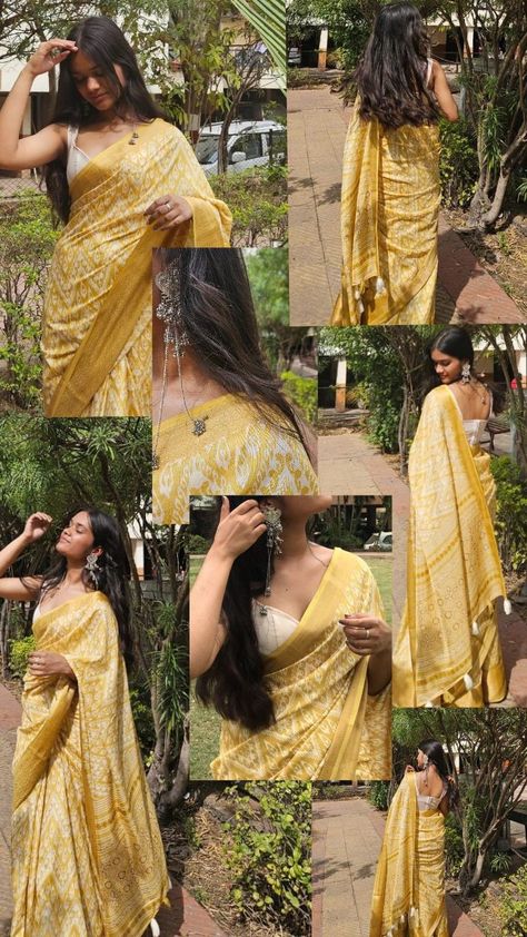 Ethenic Pose Ideas, Photo Idea In Saree, Indian Yellow Aesthetic, Poses For Pictures In Saree, Insta Saree Story Ideas, Saree Aesthetic Layout, Aesthetic Desi Pose, Desi Photography Poses, Instagram Saree Story Ideas