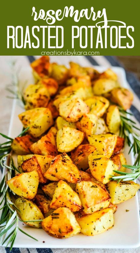 Crispy ROASTED ROSEMARY POTATOES are a simple side dish that go with just about anything! With flavorful, crunchy exteriors and tender insides, they are amazing! #rosemarypotatoes #roastedpotatoes @Creations by Kara Rosemary Hashbrowns, Rosemary Red Potatoes Roasted, Things To Make With Rosemary, Rosemary Potatoes Roasted, Recipes With Russet Potatoes, Roasted Potatoes Rosemary, Russet Potato Side Dishes, Crispy Red Potatoes, Roasted Potatoes With Rosemary