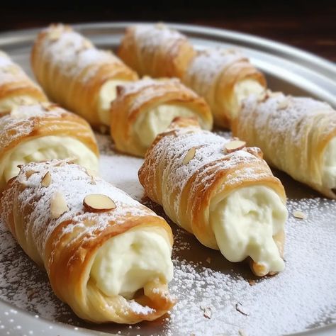 Italian Cream Stuffed Cannoncini Cream Stuffed Cannoncini, Stuffed Canolli Pasta, Italian Pastry Cream Custard Filling, Italian Cream Stuffed Cannoncini (puff Pastry Horns), Canolli Filling Recipe Cannoli, Baked Custard Recipe, Egg Custard Recipes, Italian Ice Cream, Chocolate Cobbler