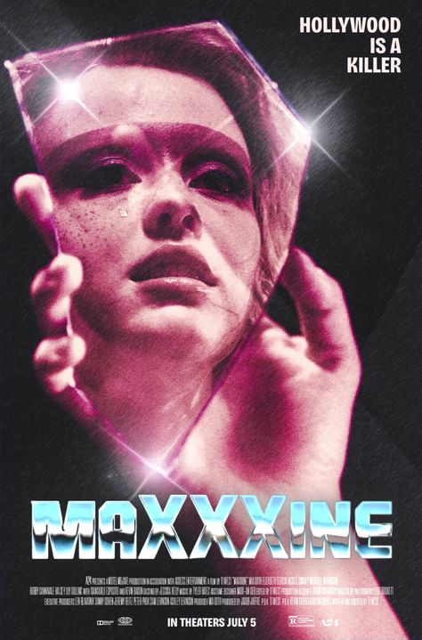 MAXXXINE (2024) poster design by Jaime Ventura Malignant Movie Poster, Maxxxine Movie Posters, Maxxxine Minx Aesthetic, Maxxxine Poster, Mia Goth Poster, Aesthetic Film Posters, Thriller Movie Posters, Maxxxine Movie, Movie Poster Ideas