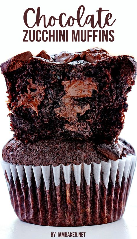 One image shows one full chocolate muffin with half a chocolate muffin stacked on top of it. they are on a white surface with a white background. Work Desserts, Muffins Zucchini, Health Dessert Recipes, Zucchini Desserts, Double Chocolate Zucchini Muffins, Zucchini Cupcakes, Fancy Baking, Zucchini Muffin, Easy Impressive Dessert