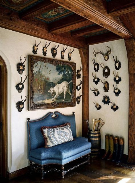 Martyn Lawrence Bullard Design, Lodge Interiors, European Country Home, Hunting Lodge Decor, Martyn Lawrence Bullard, Hunting Room, Trophy Rooms, Equestrian Decor, English Manor