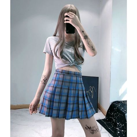 92af93f73faf3cefc129b6bc55a748a9desc50269202ri Light Blue Plaid Skirt Outfit, Blue Plaid Skirt Outfit, Channel Outfits, Pastel Goth Aesthetic, Blue Plaid Skirt, Plaid Skirt Outfit, Light Blue Plaid, Red Plaid Skirt, Sporty Pants