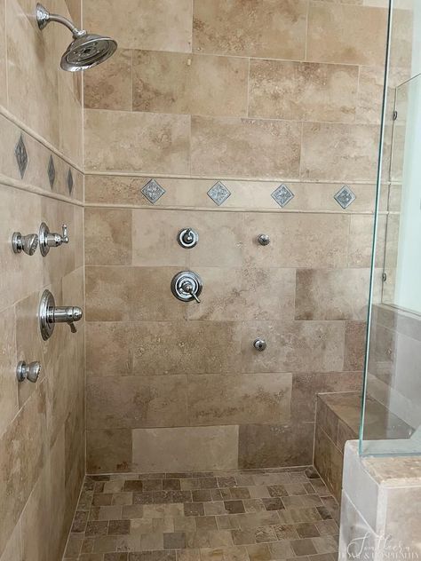 Tan Tile Bathroom Ideas, Stone Floor Bathroom, Brown Tile Bathroom, Traditional Bathroom Remodel, Stone Tile Bathroom, Tuscan Bathroom, Shower Items, Tile Counters, Timeless Bathroom