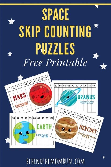 **Free Printable** Skip counting can be a really abstract concept for kids. Anytime you can get them to skip count with a hands-on activity, you will be concretely reinforcing this skill. Skip counting puzzles are a great hands-on activity, and kids will love these space-themed puzzles. #freeprintables #space #galaxypuzzles #numberpuzzles Skip Counting Kindergarten, Skip Counting Puzzles, Maths Fun, Space Activities For Kids, Counting Puzzles, Education Preschool, Mom Bun, Space Camp, Math Graphic Organizers