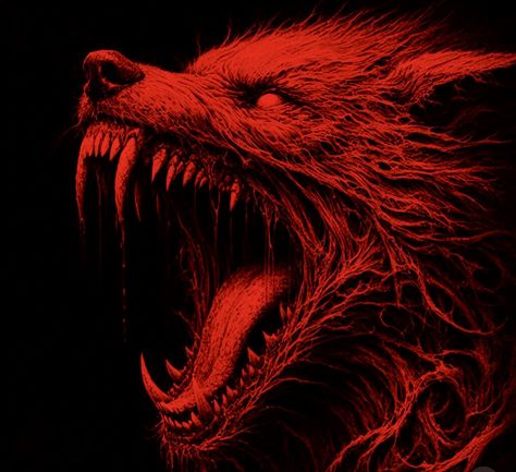 Dark Fantasy Animals, Teeth Aesthetic Creepy, Omen Aesthetic, Red Werewolf, Wolf Profile, Black And Red Dragon, Werewolf Eyes, Hell Hounds, Hell Hound