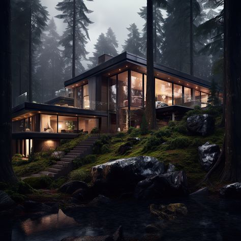 Twilight House Aesthetic, Twilight House, Dark Modern House, Cabin Modern, Dark Modern, Woodland House, Mansion Exterior, Black Houses, Luxury Houses Mansions