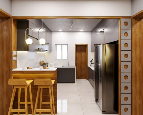 Kitchen entry Parallel Kitchen With Breakfast Counter, Breakfast Counter Design, Hall Partition, Kitchen Door Designs, Kitchen Unit Designs, Interior Design Kitchen Contemporary, Kitchen Wardrobe Design, Kitchen Design Showrooms, Kitchen Entry