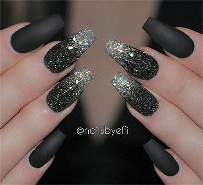 Black Nails With Glitter, Nails With Glitter, Black Coffin Nails, Matte Black Nails, Black Acrylic Nails, Nail Colors Winter, Nagel Tips, Matte Nails Design, Black Nail Designs