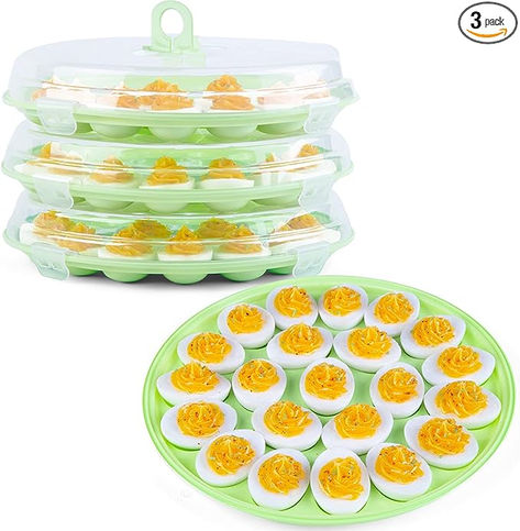 3 x Portable Green Round Egg Holder with Lid (22-cavity each, for 2" long egg, foldable handle, snap lock, stackable, 11.8" in diameter), perfect for camping, Easter party, Halloween party and other on-the-go needs. Food Container Covers, Deviled Egg Tray, In Kitchen Dining, Egg Platter, Deviled Egg Platter, Egg Holders, Egg Container, Egg Tray, Apple Watch Sizes