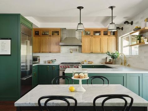 Brown Oak Upper Cabinets and Green Painted Lower Cabinets - Transitional - Kitchen Green Lower Kitchen Cabinets Wood Upper, Oak Upper Cabinets, Painted Lower Kitchen Cabinets, Painted Lower Cabinets, Green Lower Cabinets White Upper, Green Lower Kitchen Cabinets, Table With Black Chairs, Cottage Kitchen Backsplash, Flat Front Cabinets