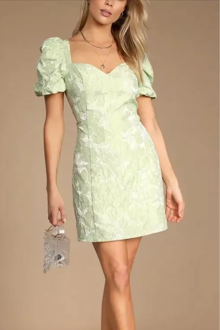 OutfitIdeas's Easter Collection on LTK Green Hoco Dress, Modest Homecoming Dresses, Sorority Recruitment Outfits, Floral Dress Outfits, Light Green Dress, Recruitment Outfits, Green Homecoming Dresses, Cute Floral Dresses, Formal Dresses With Sleeves