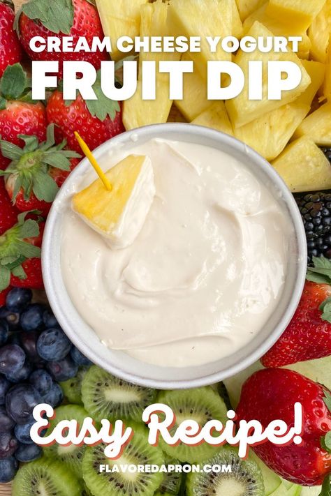 Bowl of cream cheese fruit dip with a piece of fruit being dipped in. Fruit Dip With Cream Cheese, Cream Cheese Fruit Dip Recipe, Greek Yogurt Fruit Dip, Strawberry Fruit Dips, Healthy Fruit Dip, Yogurt Fruit Dip, Easy Fruit Dip, Dip With Cream Cheese, Healthy Cream Cheese