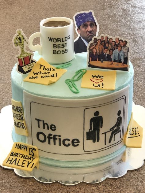 Cake theme “The Office” The Office Themes Birthday Party, Office Themed 30th Birthday Party, The Office Grooms Cake, Office Birthday Theme Ideas, Office Theme Birthday Party, The Office Cafe Disco, The Office Cupcakes, Office Themed Birthday Cake, The Office Themed Birthday Cake