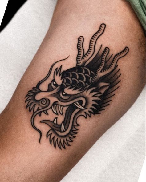 Illustrative Traditional Tattoo, Dragon Head Tattoo Traditional, Traditional Tattoo Shading, American Traditional Dragon Tattoo Flash, Traditional Dragon Tattoo Flash, Trad Dragon Tattoo, Traditional Dragon Head Tattoo, Old School Dragon Tattoo, Japanese Dragon Head Tattoo