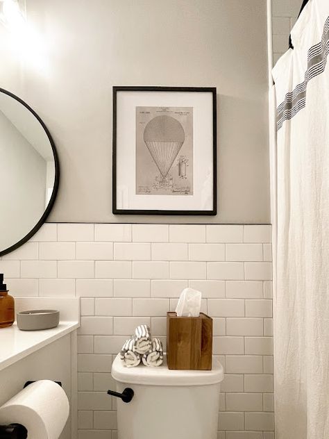 DIY BATHROOM MAKEOVER || TILED WALL & ABOVE SHOWER SURROUND | A Classy Fashionista Tiled Bathroom Wall, Subway Tile, DIY Bathroom Makeover, DIY Bathroom Project, DIY Bathroom Tile, Modern Farmhouse Bathroom, Tiled Above Shower Surround, Black Bathroom Fixtures, Sherwin-Williams Agreeable Gray, Subway Tile Wall Bathroom Tile Up The Wall, Bathroom With Half Tiled Wall, Half Bath With Tile Wall, Tile Above Sink Bathroom, Bathroom With White Subway Tile Walls, Tile One Wall In Bathroom, Half Bathroom Tile Wall, Tile On Walls In Bathroom, Bathrooms With Subway Tile Showers