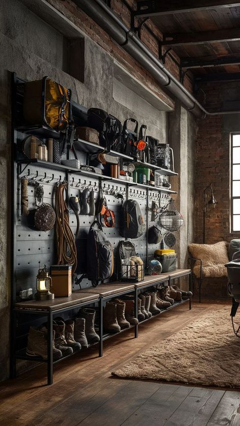 An industrial-styled room with a metal camping gear wall, displaying outdoor gear in a rugged, organized manner. Camping Gear Wall, Gear Room Organization, Gear Room Ideas, Outdoor Gear Organization, Camping Room, Outdoor Gear Storage, Adventure Room, Gear Wall, Gear Room