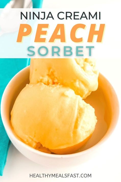 Peach Sorbet in the Ninja CREAMi Peach Sorbet Recipe, Ninja Creami Recipe, Peach Ice Cream Recipe, Ninja Ice Cream Recipe, Fresh Peach Recipes, Sherbet Recipes, Sorbet Is, Fruit Sorbet, Peach Ice Cream