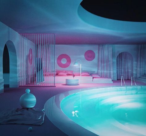 Instagram 80s Vaporwave Room, Vaporwave Aesthetic Interior, Vaporwave Bedroom, Vaporwave Aesthetic Bathroom, Vaporwave Architecture, Beach Vaporwave, Aesthetic Bedroom Decor, Vaporwave Aesthetic, Waiting Rooms