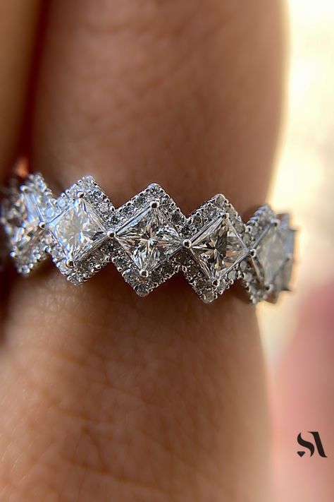 Princess Cut Eternity Band, Princess Cut Diamond Cluster Ring As A Gift, Dazzling Princess Cut Cluster Ring, Luxury Cluster Ring With Center Stone In Princess Cut, Princess Cut Multi-stone Diamond Rings, Luxury Multi-stone Princess Cut Ring, Chunky Silver Jewellery, Bridal Diamond Necklace, Princess Diamond Ring