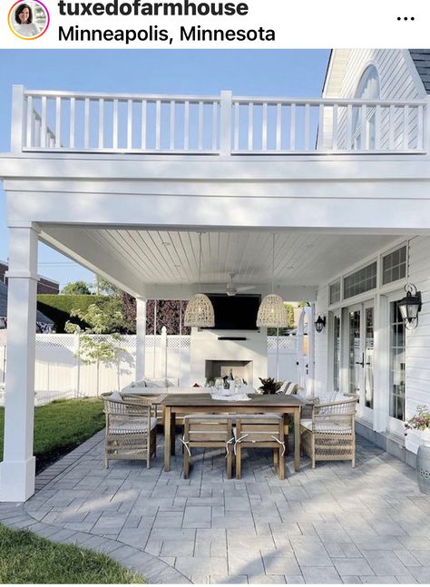 Patio Under Balcony, Covered Patio Before And After, Under Balcony Ideas, Covered Patio With Balcony Above, Under Patio Ideas Under Decks, White House Backyard, Back Porch Additions, Patio Under Deck Ideas, Under Deck Ideas