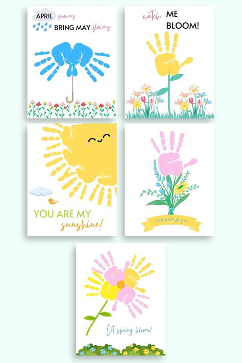 These free printable handprint crafts for spring are a fun fine motor experience for toddlers and preschoolers! Grab your set of free handprint craft pages for spring. First Day Of Spring Toddler Craft, Spring Hand Print Craft, Spring Hand Print Art, Free Handprint Printable, Easter Handprint Crafts Free, Spring Flower Handprint Craft, Spring Handprint Art, Spring Season Crafts, Spring Handprint Crafts