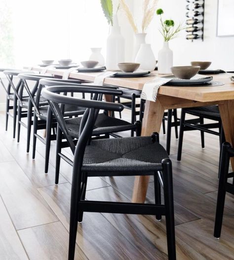 Black Y-shaped Wishbone Dining chairs. For a scandinavian style dining rooms. Minimal and modern. Purchase: https://amzn.to/3H5tUP1 Black Wishbone Dining Chairs, Wishbone Chair Dining Room, Wishbone Chair Black, Wishbone Chair Dining, Wishbone Dining Chairs, Black Rattan Chair, Black Wishbone Chair, Wegner Wishbone Chair, Chair For Office