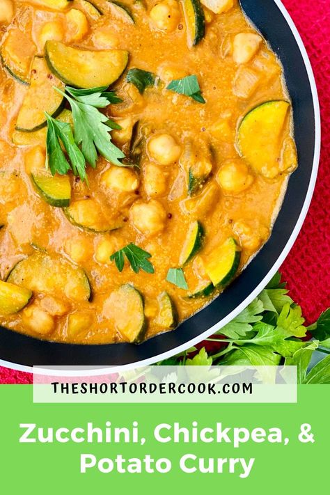 This vegan Indian curry recipe is full of zucchini (courgette), chickpeas (garbanzo beans), and potatoes. This coconut milk curry is medium spiced and has a rich savory flavor that is velvety and satisfying. This easy and exquisite courgette in curry recipe is gluten-free, grain-free, vegan, vegetarian, and dairy-free. The spices in the curried zucchini include garam masala, turmeric, garlic, and other aromatics. Serve with naan or rice. #curry #indian #vegan #spicy #zucchini Zucchini Curry Recipes, Zucchini Indian Recipes, Indian Zucchini Recipes, Zucchini Recipes Indian, Curried Zucchini, Chickpea Potato Curry, Curry Zucchini, Zucchini Chickpea, Chickpea And Potato