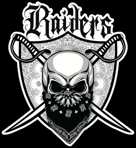 "RAIDERS SKULL SWORDS & OLD ENGLISH FONT BANDANA BACKGROUND STICKER UV LAMINATED FOR LONGTERM PROTECTION This item is for 1 Las Vegas Raiders Skull sticker in multiple sizes. Perfect for your car, truck, laptop, window, toolbox, or other flat surface. YOU CHOOSE WHERE! Please remember the sticker is one solid non-transparent piece. So the sticker will block your view as much as other stickers. Colors include: Black image atop bandana shield background. This sticker is one piece printed and lamin Raider Nation Images, Raiders Aesthetic, Las Vegas Raiders Wallpaper, Raiders Symbol, Raider Logo, Raiders Skull, Raiders Emblem, Bandana Background, Raiders Car