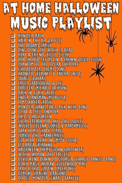 Halloween Song List, Halloween Party Playlist For Adults, Halloween Party Music Playlist, Halloween Song Playlist, Playlist Covers Halloween, Good Halloween Songs, Things To Do On Halloween Alone, Summerween Playlist, Halloween Party List Checklist