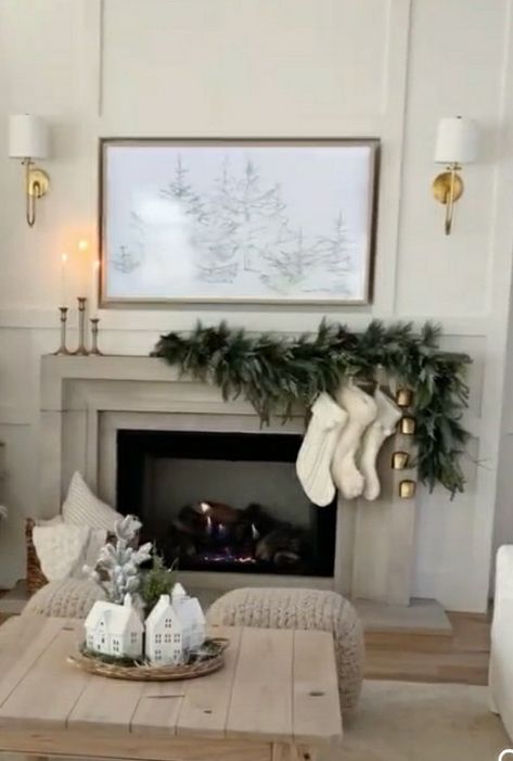 Christmas Stockings White Fireplace, Tv Console Holiday Decor, Christmas Tree Beside Fireplace, Tv Stand Xmas Decor, Christmas Decor On Tv Console, Christmas Decor For Tv Console, Stockings On Tv Stand, Tv Unit Christmas Decor, Christmas Decor For Tv Stand